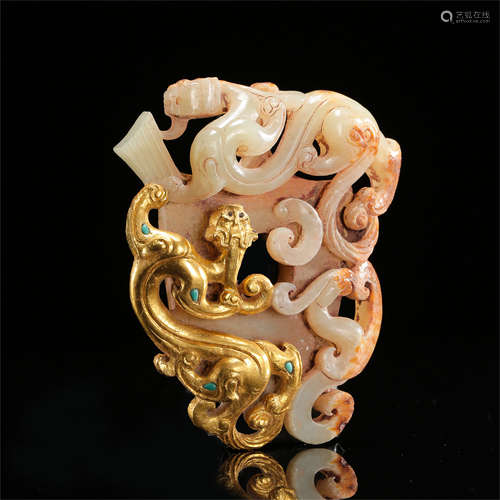 CHINESE GOLD COVERED JADE DRAGON PLAQUE HAND DYNASTY