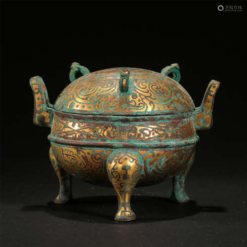 CHINESE GOLD SILVER INLAID BRONZE TRIPLE FEET LIDDED CENSER HAN DYNASTY