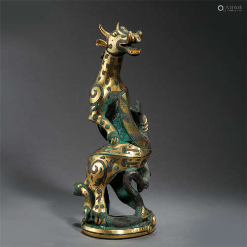 CHINESE GOLD INLAID BRONZE BEAST HAN DYNASTY