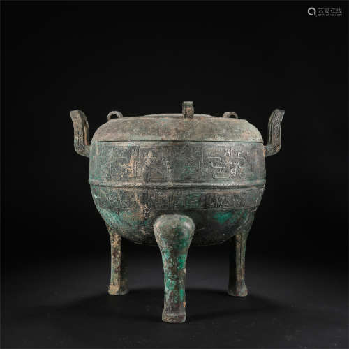 CHINESE ANCIENT BRONZE TRIPLE FEET LIDDED ROUND CENSER HAN DYNASTY