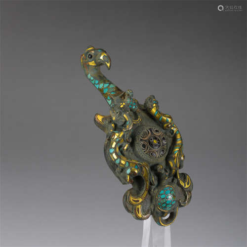 CHINESE GOLD SILVER TURQUOISE INLAID BRONZE BIRD BLET HOOK HAN DYNASTY