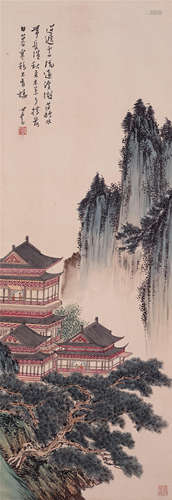 CHINESE SCROLL PAINTING OF PALACE IN MOUNTAIN