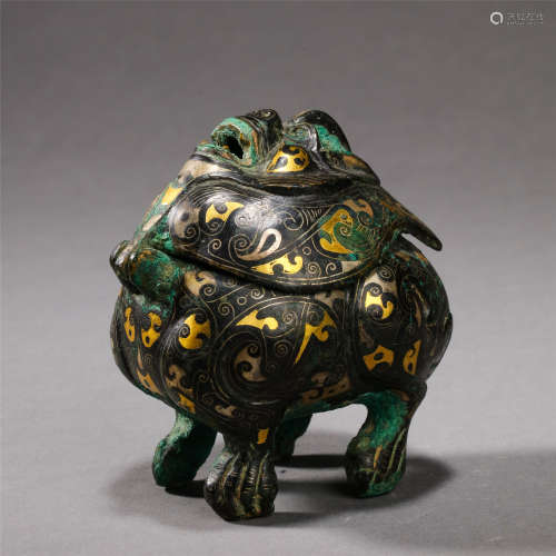 CHINESE GOLD SILVER INLAID BRONZE BEAST INCENSE CAGE HAN DYNASTY