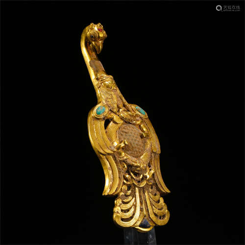 CHINESE PURE GOLD TURQUOISE BIRD BELT HOOK HAN DYNASTY