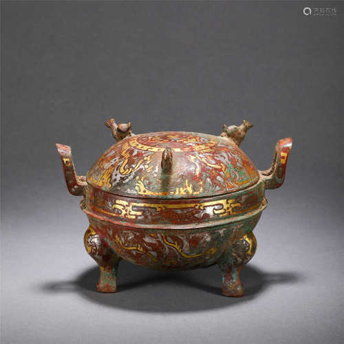 CHINESE GOLD SILVER INLAID BRONZE TRIPLE FEET LIDDED CENSER HAN DYNASTY