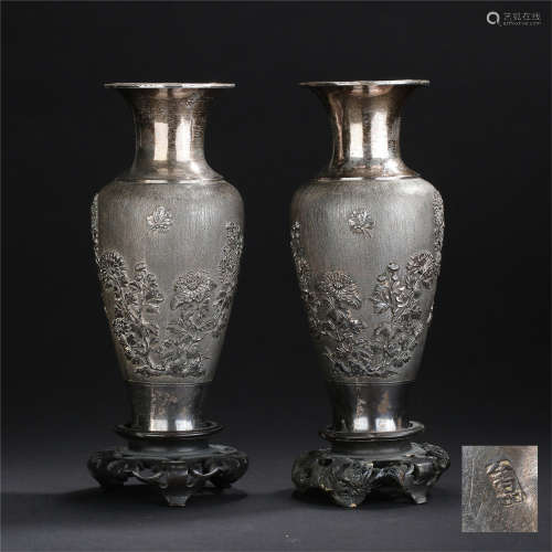 PAIR OF CHINESE SILVR FLOWER VASES QING DYNASTY
