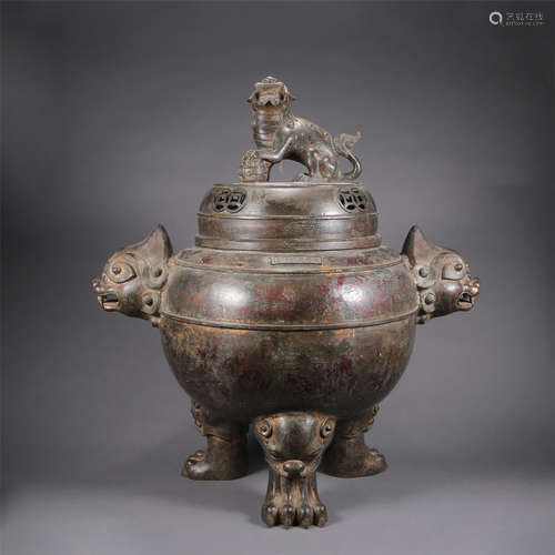 LARGE CHINESE BRONZE TRIPLE FEET LIDDED CENSER