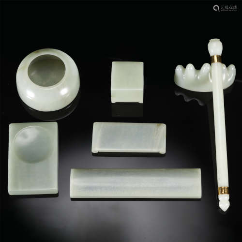 A SET OF CHINESE CELADON JADE SCHOLAR'S TABLE ITEMS