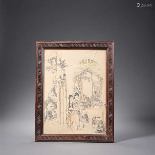 CHINESE WATERCOLOR OF BEAUTY IN ROSEWOOD FRAME