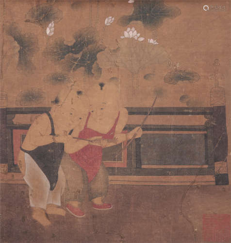 CHINESE SMALL SCROLL PAINTING OF BOY PLAYING
