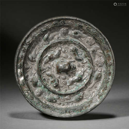 CHINESE BRONZE SQUARILL AND GRAPE ROUND MIRROR TANG DYNASTY