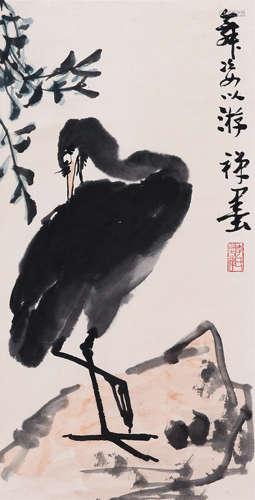 CHINESE SCROLL PAINTING OF BIRD AND ROCK