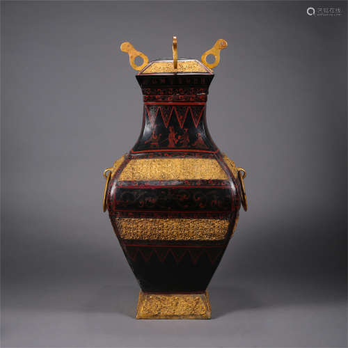 CHINESE BRONZE LACQUER SQUARE VASE