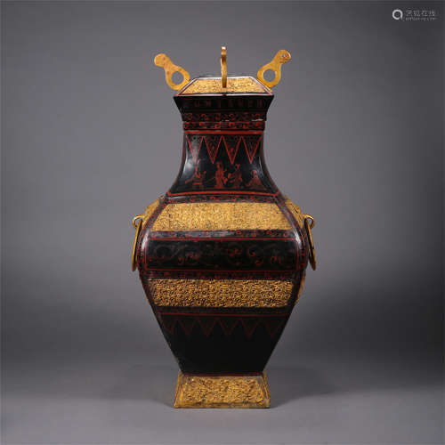 CHINESE BRONZE LACQUER SQUARE VASE