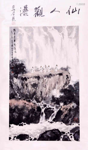 CHINESE SCROLL PAINTING OF WATERFALL VIEWING