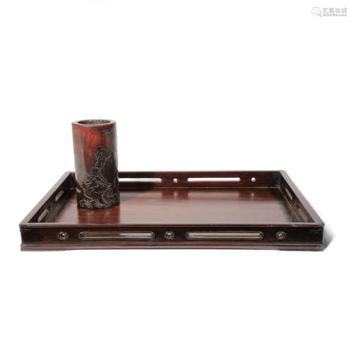 A CHINESE WOOD OPIUM TRAY AND A BAMBOO BITONG QING DYNASTY The tray of rectangular form, with