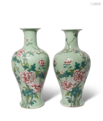 A PAIR OF CHINESE FAMILLE ROSE CELADON-GROUND VASES PROBABLY 19TH CENTURY Each painted in coloured
