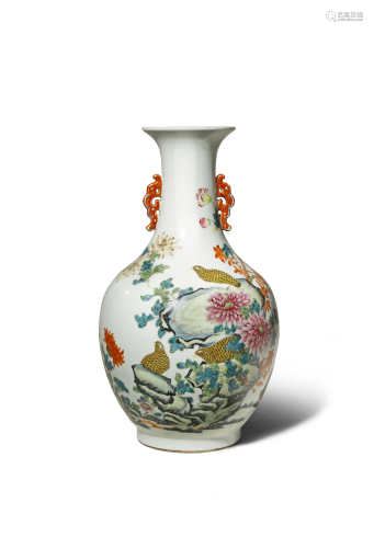 A CHINESE FAMILLE ROSE VASE 20TH CENTURY Painted with butterflies and quails amongst flowers and