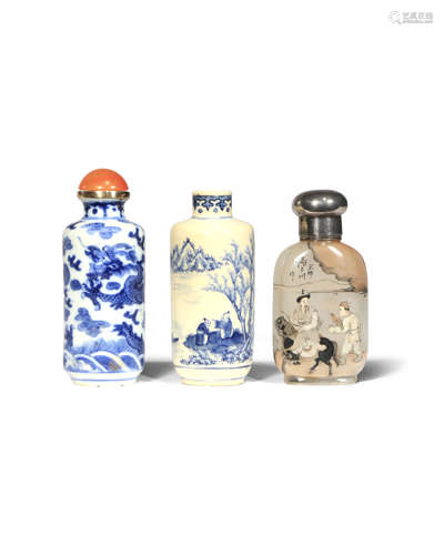 THREE CHINESE SNUFF BOTTLES 19TH AND 20TH CENTURY Two of cylindrical form and painted in