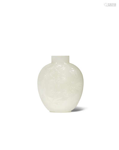 A CHINESE PALE CELADON JADE SNUFF BOTTLE QING DYNASTY OR LATER Carved in shallow relief to one