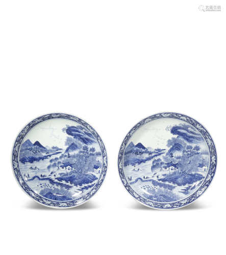 A PAIR OF CHINESE BLUE AND WHITE 'LANDSCAPE' DISHES 19TH CENTURY Each painted to the centre with