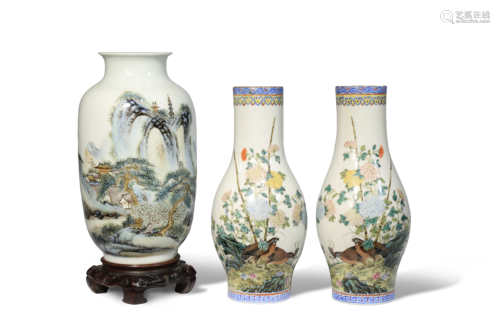 A CHINESE FAMILLE ROSE 'LANDSCAPE' VASE AND A PAIR OF 'QUAIL' VASES REPUBLIC PERIOD The ovoid vase