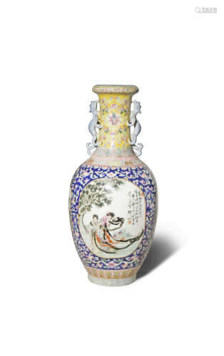 A CHINESE FAMILLE ROSE OVOID VASE REPUBLIC PERIOD Painted with two panels depicting beauties beneath