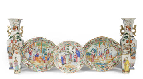 FOUR CHINESE CANTON FAMILLE ROSE VASES AND THREE DISHES 19TH CENTURY Comprising: a pair of large