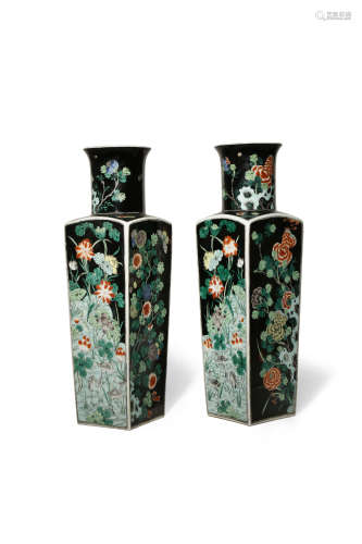 A PAIR OF CHINESE FAMILLE NOIRE 'FOUR SEASONS' VASES LATE 19TH CENTURY The square-section tapering