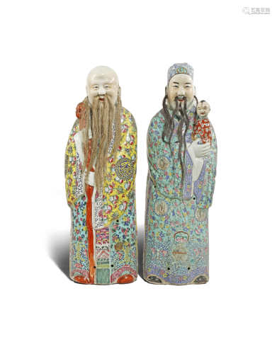 TWO LARGE CHINESE FAMILLE ROSE FIGURES OF SHOULAO AND FUXING 20TH CENTURY Both standing, with hair
