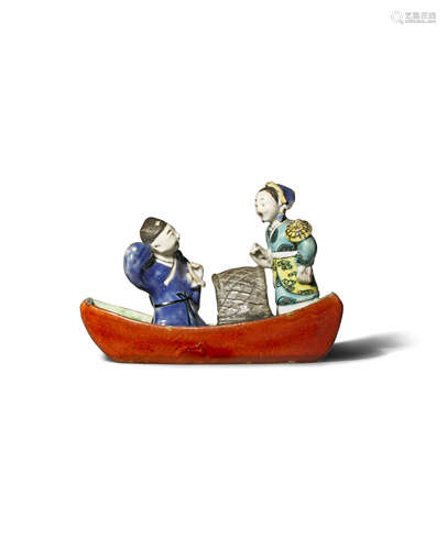 A CHINESE MODEL OF TWO FIGURES IN A SAMPAN 19TH CENTURY Painted in colourful enamels, formed as