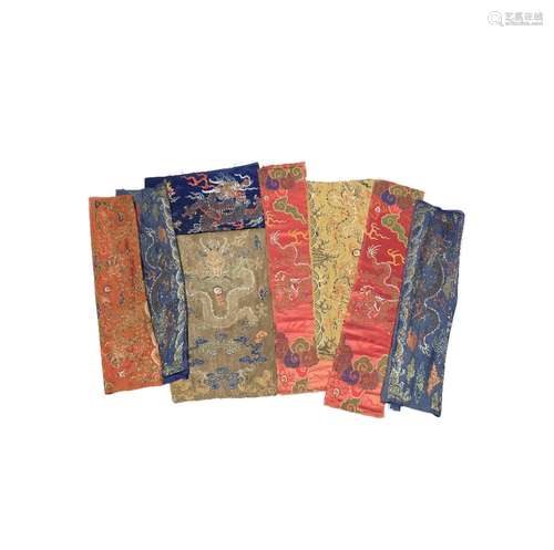 EIGHT CHINESE BROCADE SILK PANELS 18TH CENTURY Woven with dragons in pursuit of sacred pearls amidst