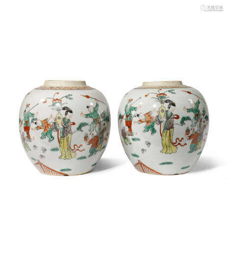 A PAIR OF CHINESE FAMILLE VERTE OVOID JARS 19TH CENTURY Each painted in coloured enamels with ladies