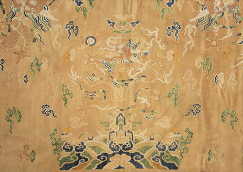 TWO CHINESE BROCADE PANELS 17TH/18TH CENTURY One a damask panel woven with a dragon in pursuit of