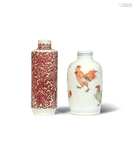 A CHINESE UNDERGLAZE COPPER-RED SNUFF BOTTLE AND AN ENAMELLED SNUFF BOTTLE 19TH CENTURY One with a