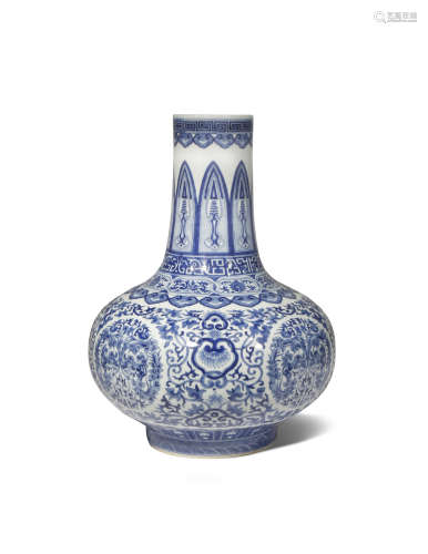 A CHINESE BLUE AND WHITE BOTTLE VASE PROBABLY LATE QING DYNASTY The compressed circular body painted