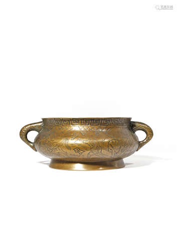 A CHINESE BRONZE INCENSE BURNER QING DYNASTY OR LATER The bomb?-shaped body cast with figures and