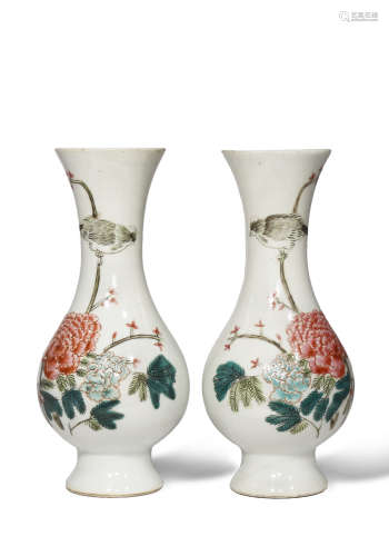 A PAIR OF CHINESE FAMILLE ROSE 'PEONY' VASES YONGZHENG 1723-35 Each with an ovoid body rising to a