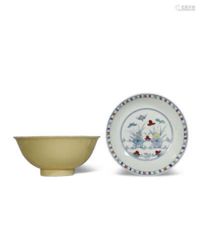 A CHINESE DOUCAI DISH AND A YELLOW-GROUND BOWL MING AND QING DYNASTIES The dish painted to the