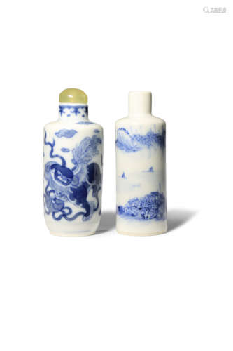 TWO CHINESE BLUE AND WHITE SNUFF BOTTLES 19TH CENTURY Each with a cylindrical body, one decorated