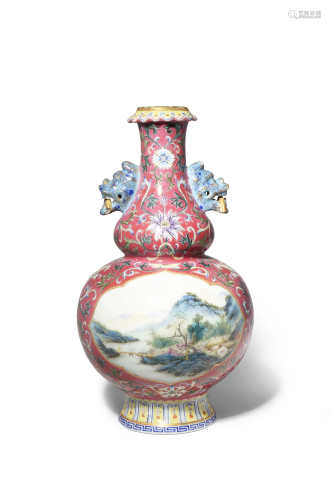 A CHINESE FAMILLE ROSE PINK-GROUND VASE REPUBLIC PERIOD With a gourd-shaped body supported on a