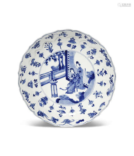 A CHINESE BLUE AND WHITE LOTUS MOULDED DISH SIX CHARACTER KANGXI MARK AND OF THE PERIOD 1662-1722