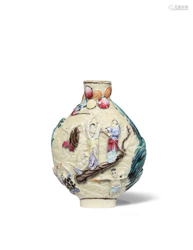 A CHINESE FAMILLE ROSE MOULDED SNUFF BOTTLE 19TH CENTURY The flattened circular body decorated in