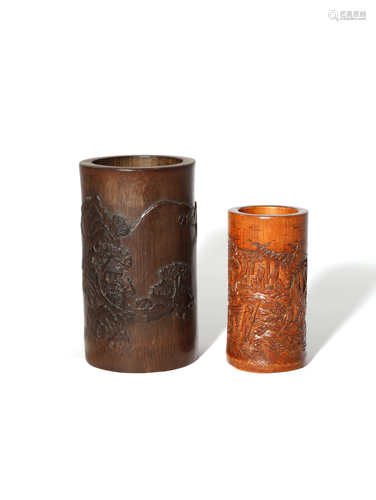 TWO CHINESE BAMBOO BITONG QING DYNASTY OR LATER Both of cylindrical form, the larger of a dark