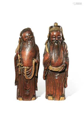 A PAIR OF CHINESE BAMBOO FIGURES OF IMMORTALS QING DYNASTY Each depicted standing wearing long