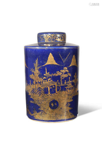 A LARGE CHINESE POWDER BLUE-GROUND TEA CANISTER AND COVER C.1800 The cylindrical body painted in