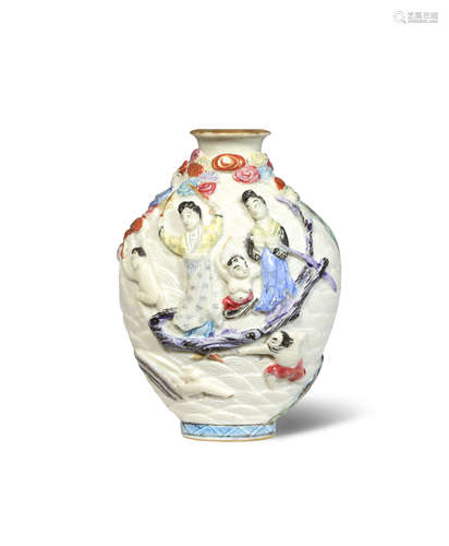 A CHINESE FAMILLE ROSE MOULDED SNUFF BOTTLE 19TH CENTURY Brightly painted in enamels and gilt with