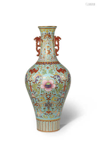 A CHINESE FAMILLE ROSE CLOISONNE-STYLE TURQUOISE-GROUND VASE MODERN Brightly painted with lotus,