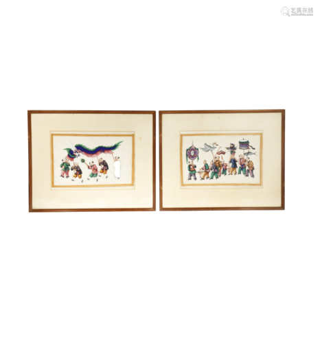 A SET OF TWELVE CHINESE PITH PAPER PAINTINGS 19TH CENTURY Each brightly painted with figures