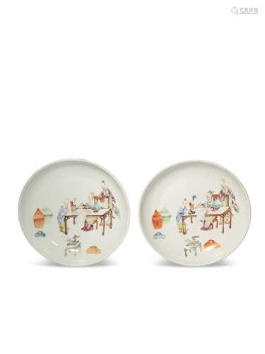 A PAIR OF CHINESE FAMILLE ROSE 'SCHOLAR' DISHES YONGZHENG/QIANLONG Each with an everted rim and